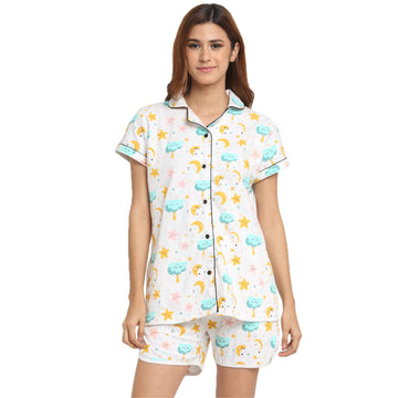 Wonderlady Cotton Nightsuit Set of Shorts & Shirt Starlight with Pockets Medium Size | Creeva