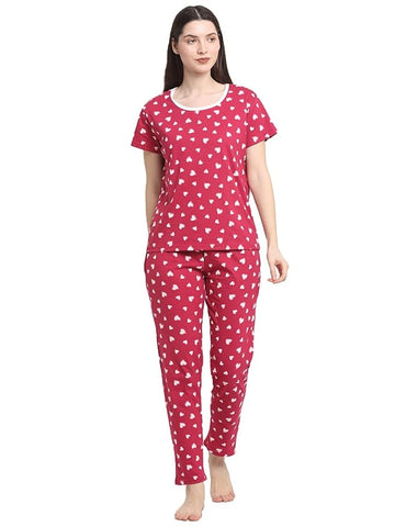 Wonderlady Cotton Nightsuit Set of Pyjama & T-Shirt Cherry Love Heart with Pockets Medium Size | Creeva