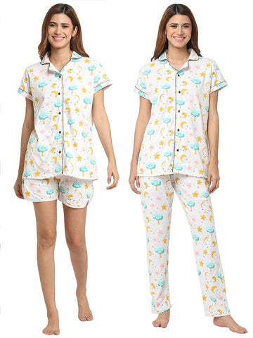 Wonderlady Cotton Nightsuit Set of Pyjama, Shorts & Shirt Starlight with Pockets Medium Size | Creeva