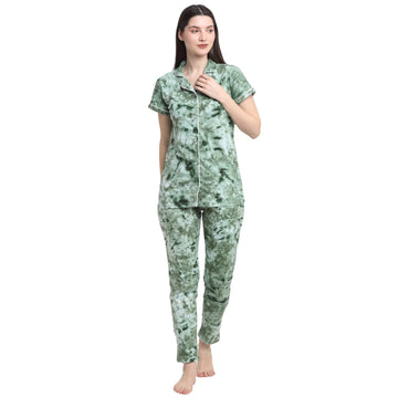 Wonderlady Cotton Nightsuit Set of Shirt & Pyjama Sea Green Tie-Die with Pockets | Creeva