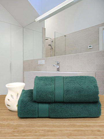 100% Cotton 2 Pcs Hand & Bath Towel Set, 525 GSM (Dark Green)