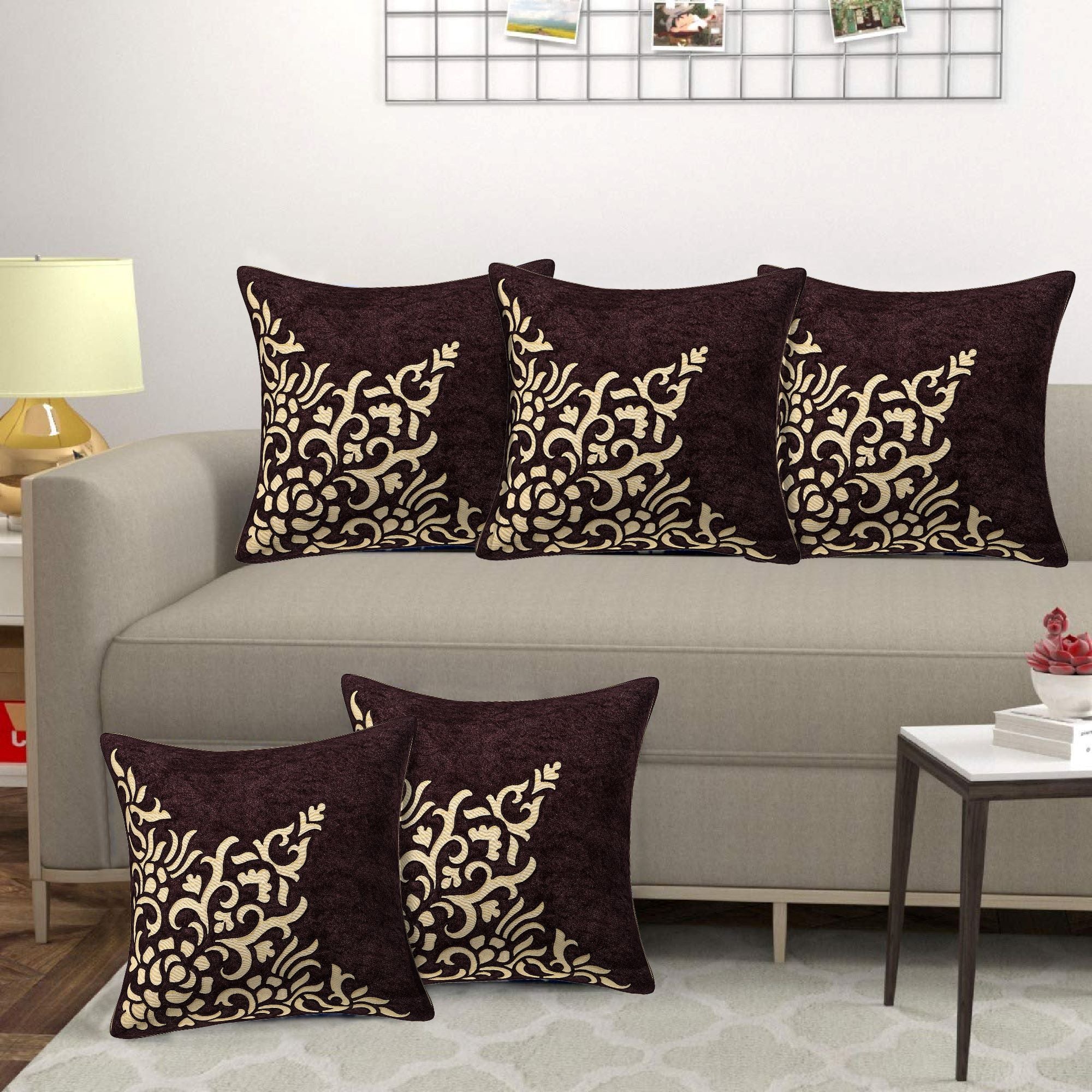 Set of 5 Velvet Cushion Covers | Dragon Sparkle Brown | 16 x 16 INCH or 40 x 40 CM
