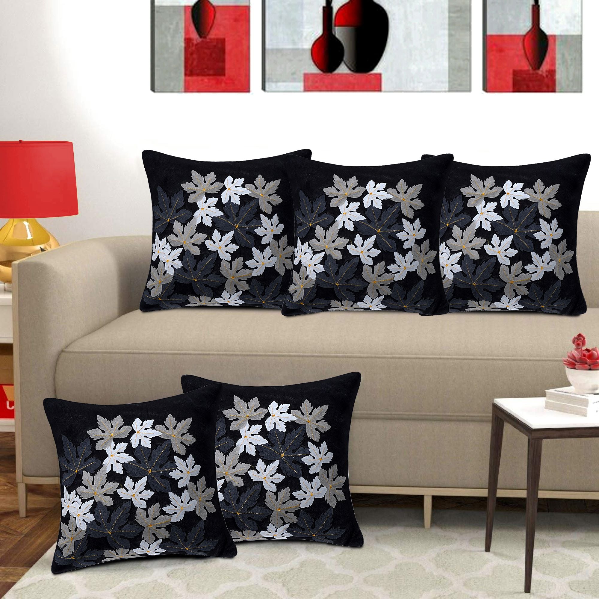 Set of 5 Silk Flower Cushion Covers | Black | 16 x 16 INCH or 40 x 40 CM