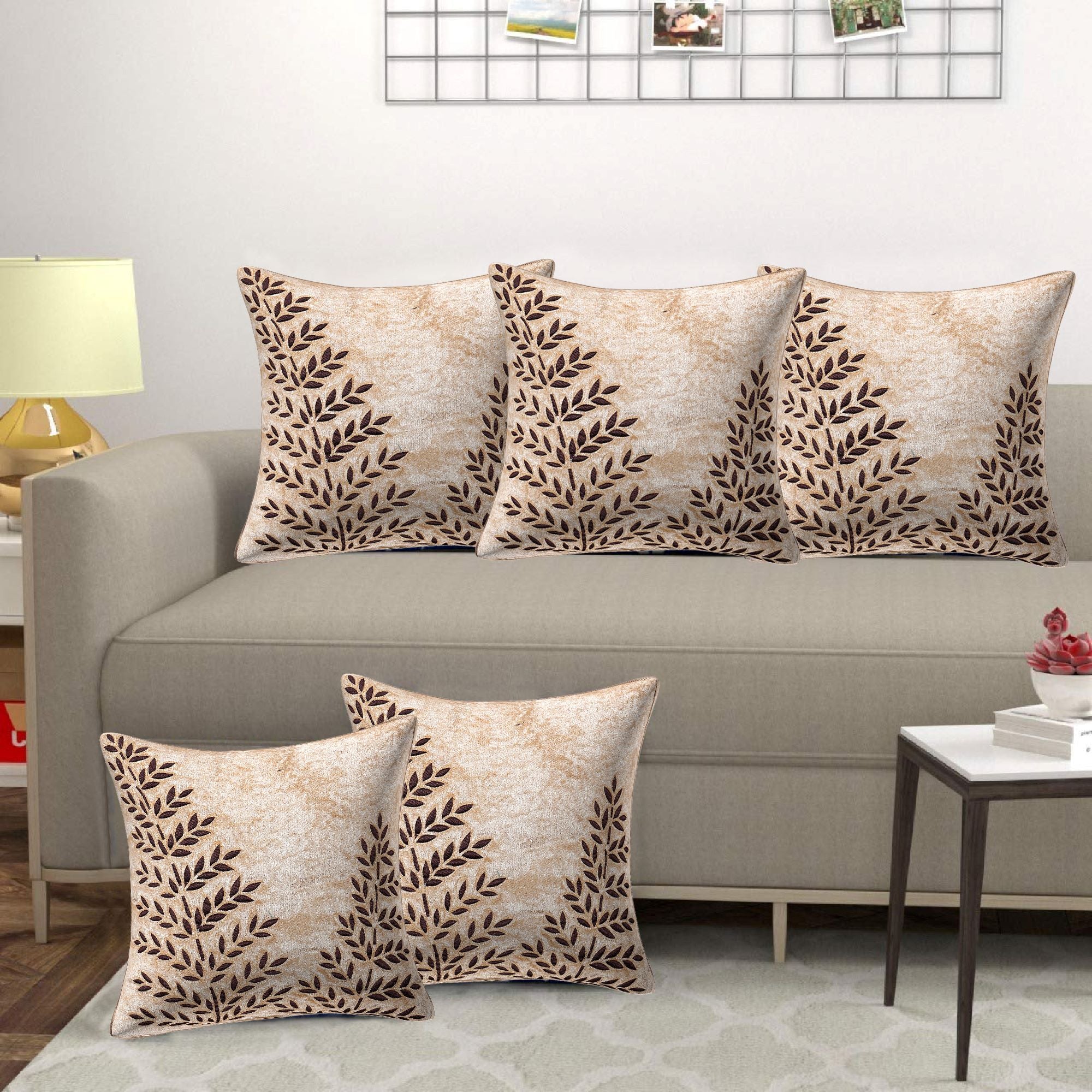 Set of 5 Velvet Cushion Covers | Double Tree Golden | 16 x 16 INCH or 40 x 40 CM