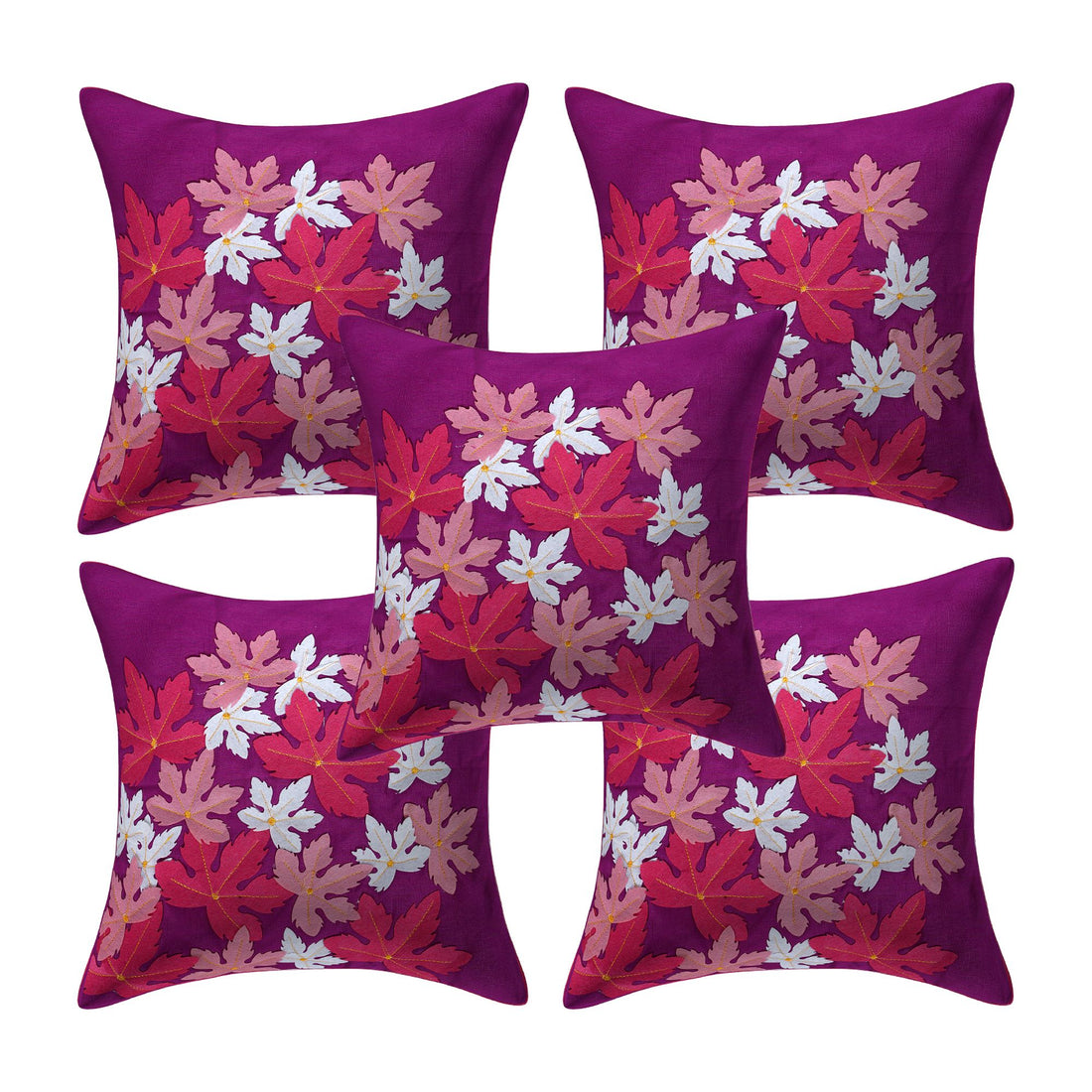 CREEVA Set of 5 Silk Flower Cushion Covers | Purple | 16 x 16 INCH or 40 x 40 CM