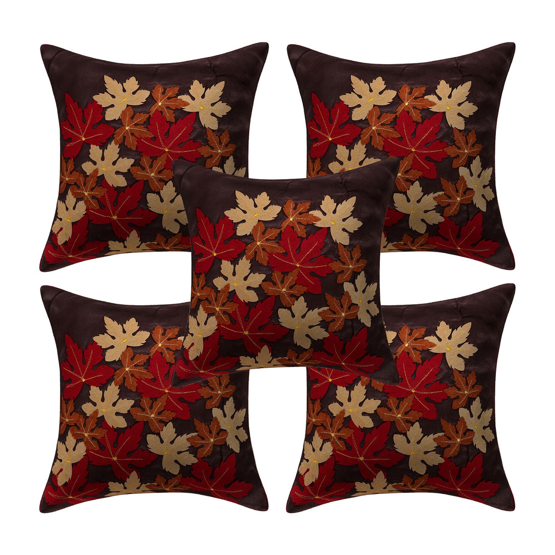 CREEVA Set of 5 Silk Flower Cushion Covers | Brown | 16 x 16 INCH or 40 x 40 CM