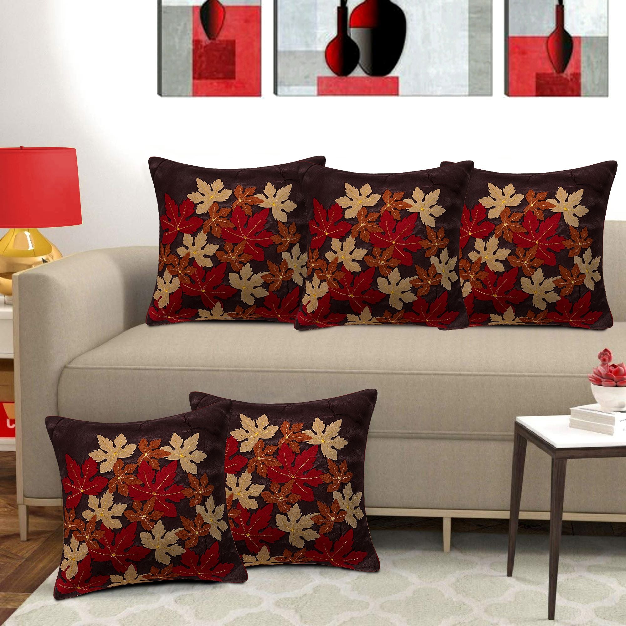 Set of 5 Silk Flower Cushion Covers | Brown | 16 x 16 INCH or 40 x 40 CM