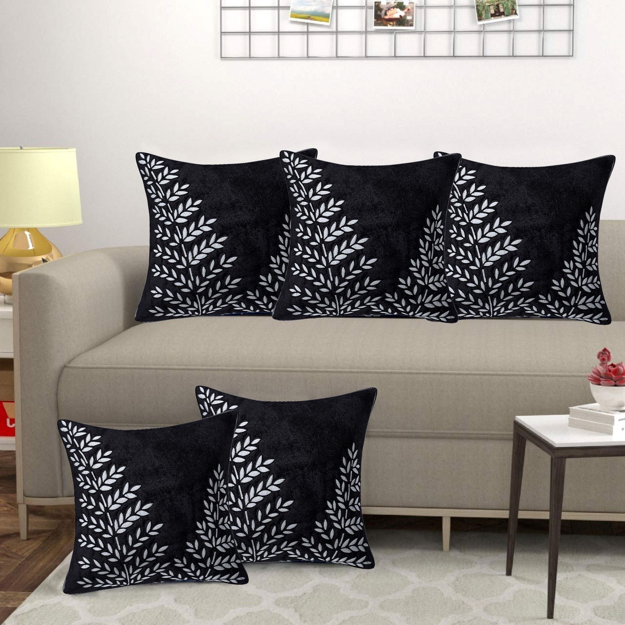 Set of 5 Velvet Cushion Covers | Double Tree Black | 16 x 16 INCH or 40 x 40 CM