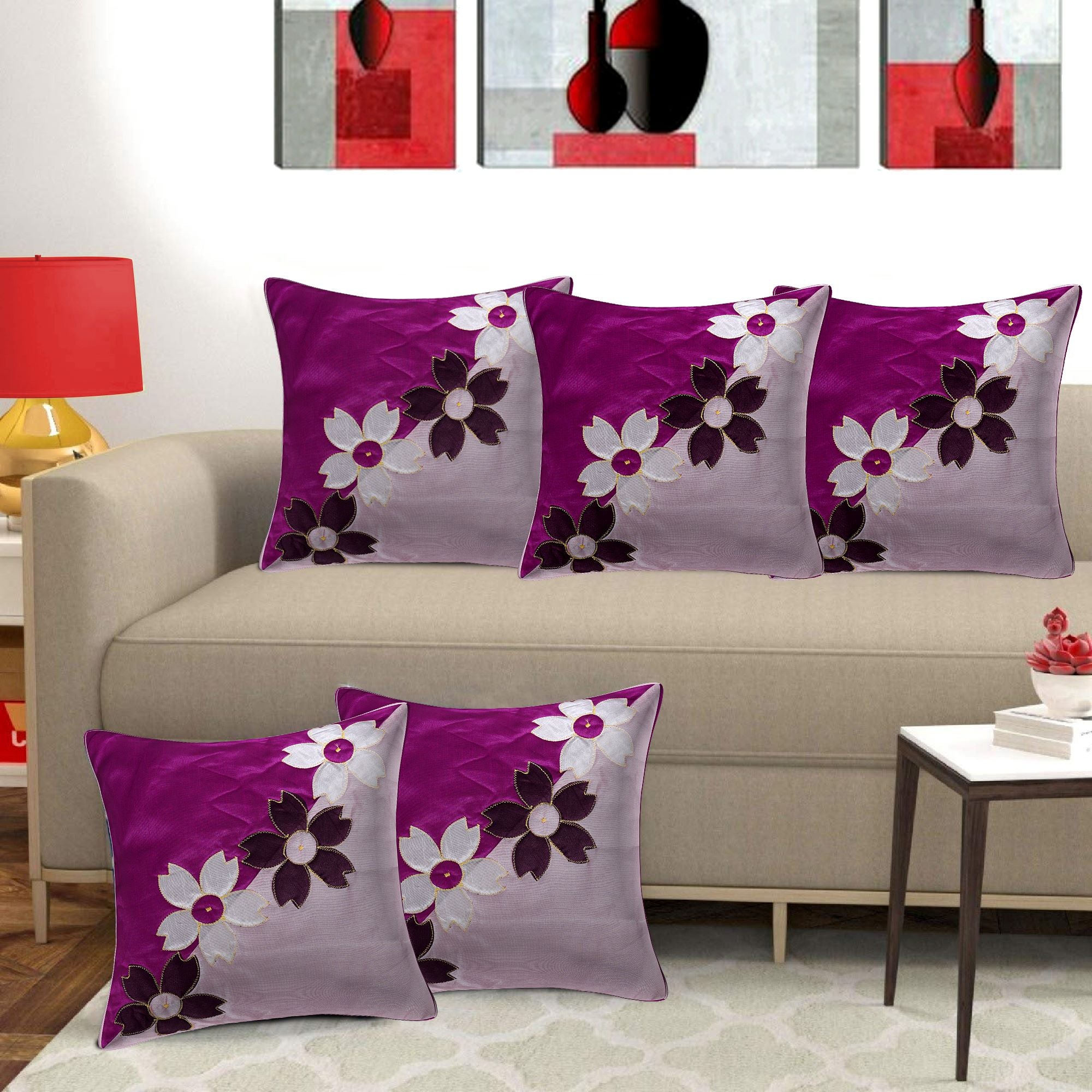 Set of 5 Silk Cushion Covers | 4 Rose Purple | 16 x 16 INCH or 40 x 40 CM