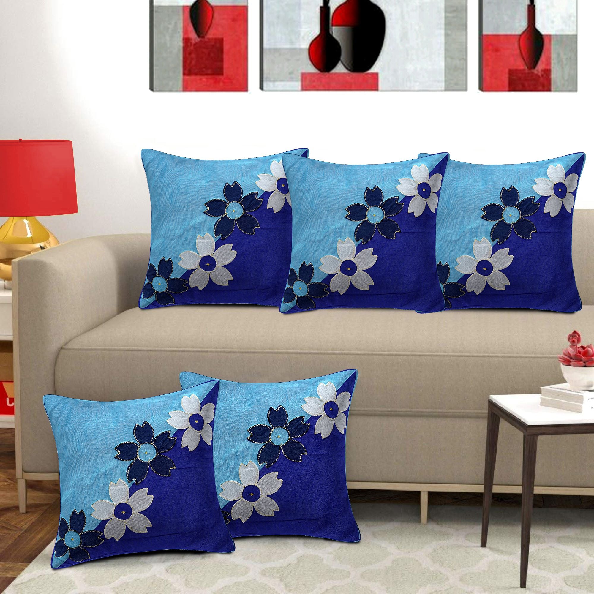 Set of 5 Silk Cushion Covers | 4 Rose Blue | 16 x 16 INCH or 40 x 40 CM