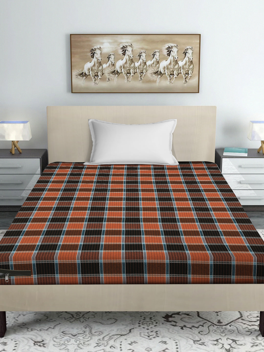 Creeva Purenest 100% Cotton Checked Pattren Mattress Protector - Orange