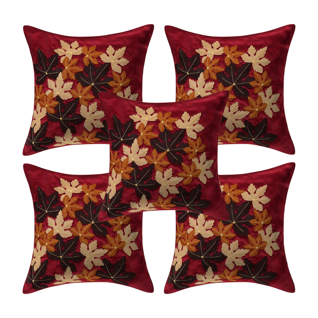 CREEVA Set of 5 Silk Flower Cushion Covers | Maroon | 16 x 16 INCH or 40 x 40 CM
