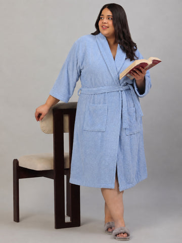 Luxury Cotton Bathrobe for Men & Women | Plus Size | Soft & Highly Absorbent | Shawl Collar | 3/4 Sleeves | Knee Length | Sky Blue