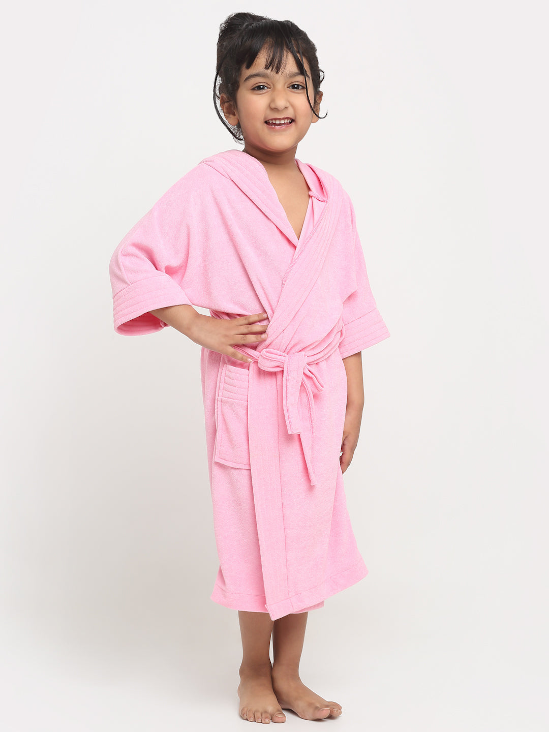 Creeva Melodious Kids Hooded Bathrobe Unisex with Front Pocket & Adjustable Belt (Baby Pink)