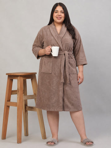 Luxury Cotton Bathrobe for Men & Women | Plus Size | Soft & Highly Absorbent | Shawl Collar | 3/4 Sleeves | Knee Length | Brown
