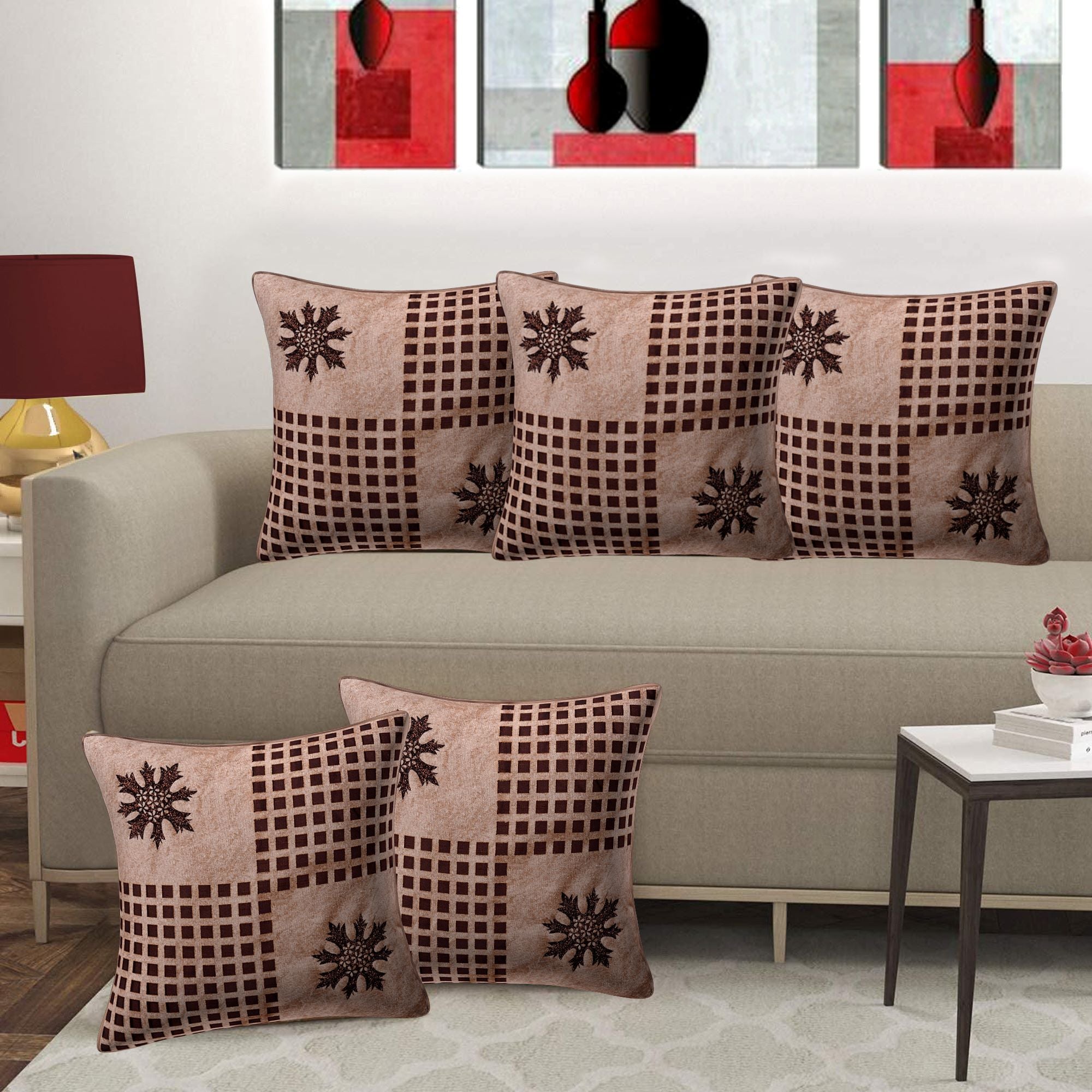 Set of 5 Velvet Cushion Covers | Zarin Patta Golden | 16 x 16 INCH or 40 x 40 CM
