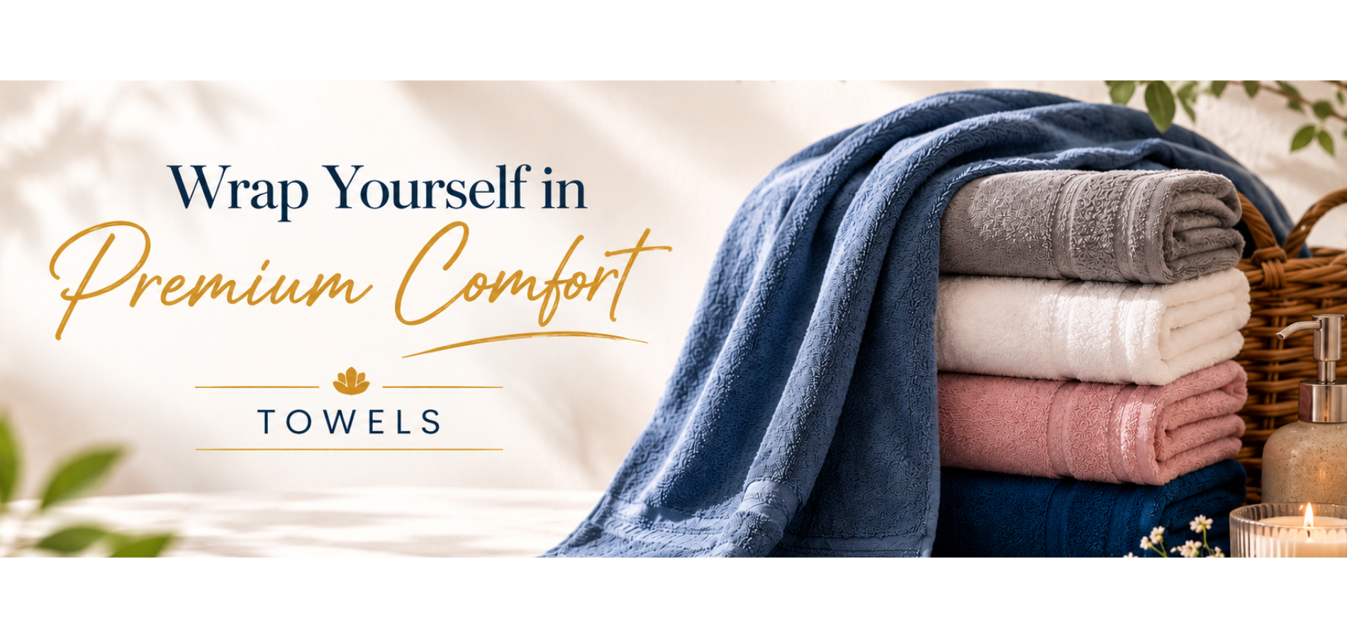Stack of folded towels with a candle and plants on a wooden surface, promoting premium comfort.slider_item_WkPKyE
