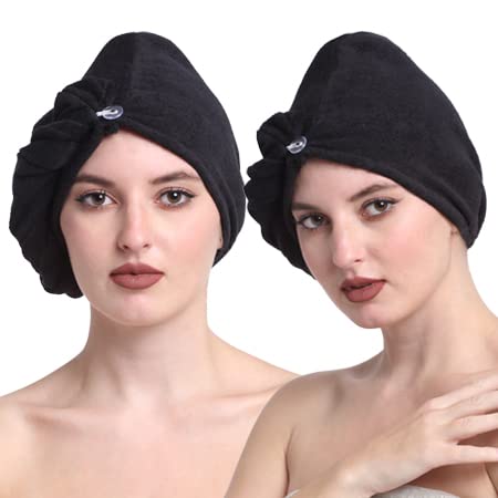 Quick-Dry Cotton Hair Towel Wrap | Pack of 2 - Black