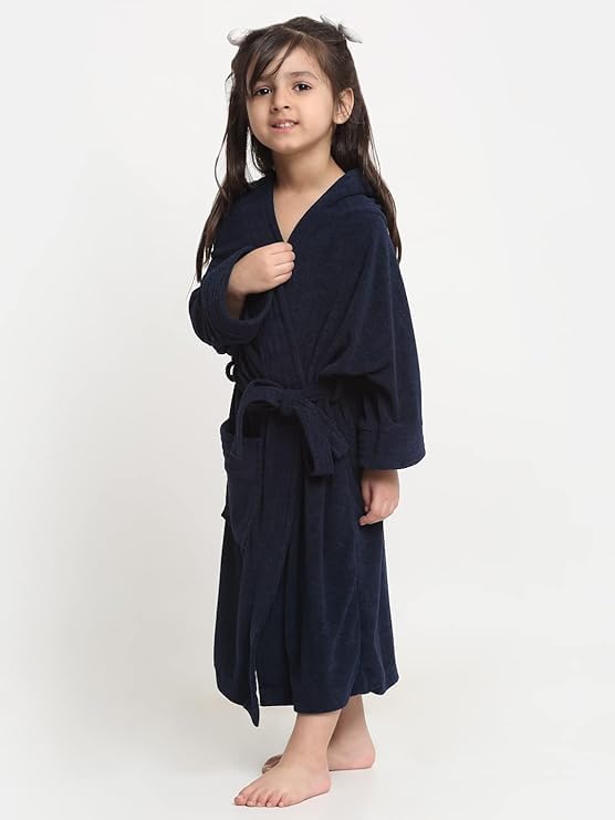 Creeva Melodious Kids Hooded Bathrobe Unisex with Front Pocket & Adjustable Belt (Navy Blue)