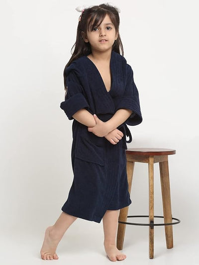 Creeva Melodious Kids Hooded Bathrobe Unisex with Front Pocket & Adjustable Belt (Navy Blue)