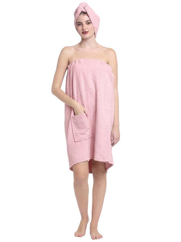 CREEVA Luxury 100% Cotton Women's Bath Wrap Towel, 380 GSM, High Absorbent, Soft Velour and Quick-Dry, Adjustable One Size Body Wrap - Pink