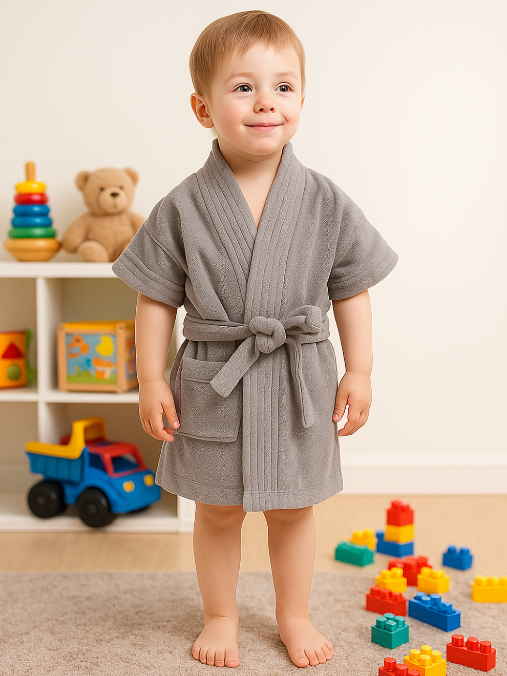 Melodious Kids Baby Bathrobe with Front Pocket – Soft, Cozy & Cute Grey Robe