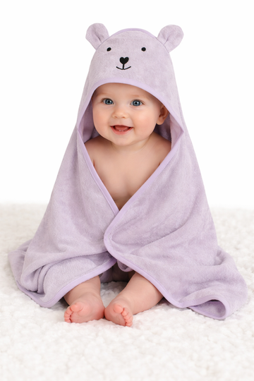 CREEVA Cuddle Baby/Kids Hooded Bath Towel in Lilac – Soft Bamboo Cotton with Cute Cartoon Face & 3D Ears 100% Cotton, Super Absorbent Bath Wrap for Newborns & Toddlers | (0-3Years)
