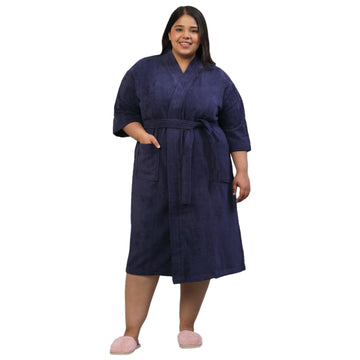 CREEVA Plus Size Luxury Pure Cotton Bathrobe for Men & Women | Comfortable & Soft Velour Feel | Kimono Collar | Navy Blue
