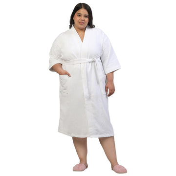 CREEVA Plus Size Luxury Pure Cotton Bathrobe for Men & Women | Comfortable & Soft Velour Feel | Kimono Collar | White