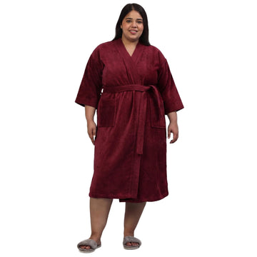CREEVA Plus Size Luxury Pure Cotton Bathrobe for Men & Women | Comfortable & Soft Velour Feel | Kimono Collar | Wine