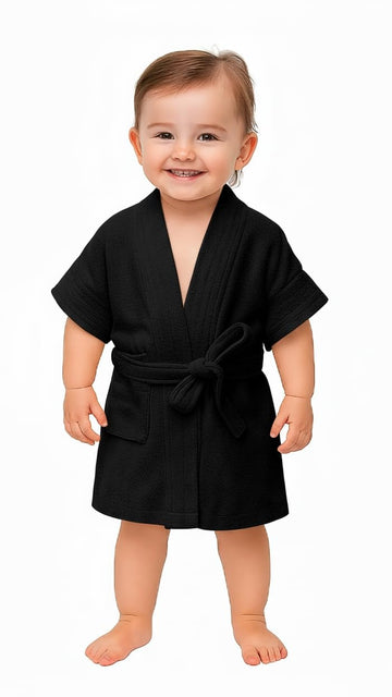 CREEVA Melodious Baby Bathrobe with Front Pocket – Soft, Cozy & Cute Black Robe for Infants