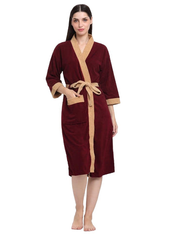 CREEVA Unisex Micro Terry Bathrobe, Kimono Collar, 3/4 Sleeve, Free Size, Wine & Camel