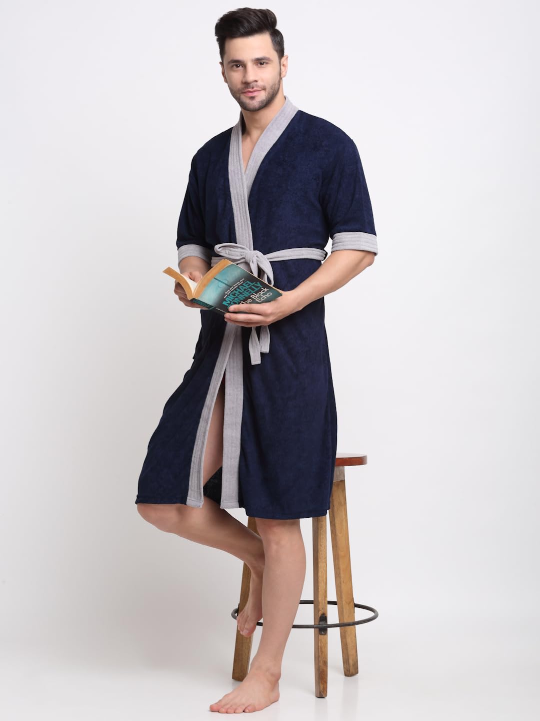 CREEVA Everyday Micro Terry Unisex Bathrobe with Kimono Collar, 3/4 Sleeve, Free Size, Navy & Grey