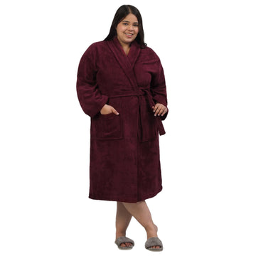 CREEVA Plus Size Luxury Pure Cotton Bathrobe for Men & Women | Comfortable & Soft Velour Feel | Shawl Collar | Wine