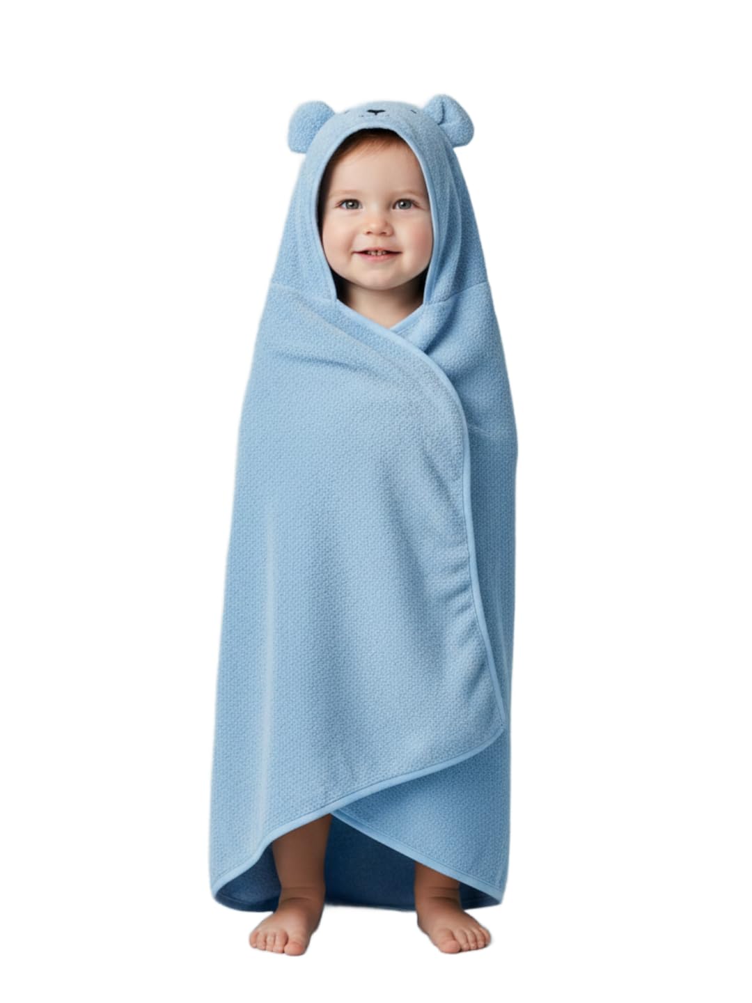 CREEVA Cuddle Baby/Kids Hooded Bath Towel in Baby Blue – Soft 100% Cotton with Cute Cartoon Face & 3D Ears, Super Absorbent Bath Wrap for Newborns & Toddlers | (0-5 Years)