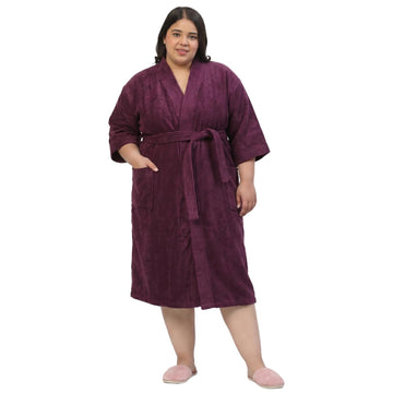 CREEVA Plus Size Luxury Pure Cotton Bathrobe for Men & Women | Comfortable & Soft Velour Feel | Kimono Collar | XXL - Plum