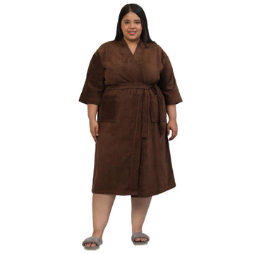 CREEVA Plus Size Luxury Pure Cotton Bathrobe for Men & Women | Comfortable & Soft Velour Feel | Kimono Collar | Brown