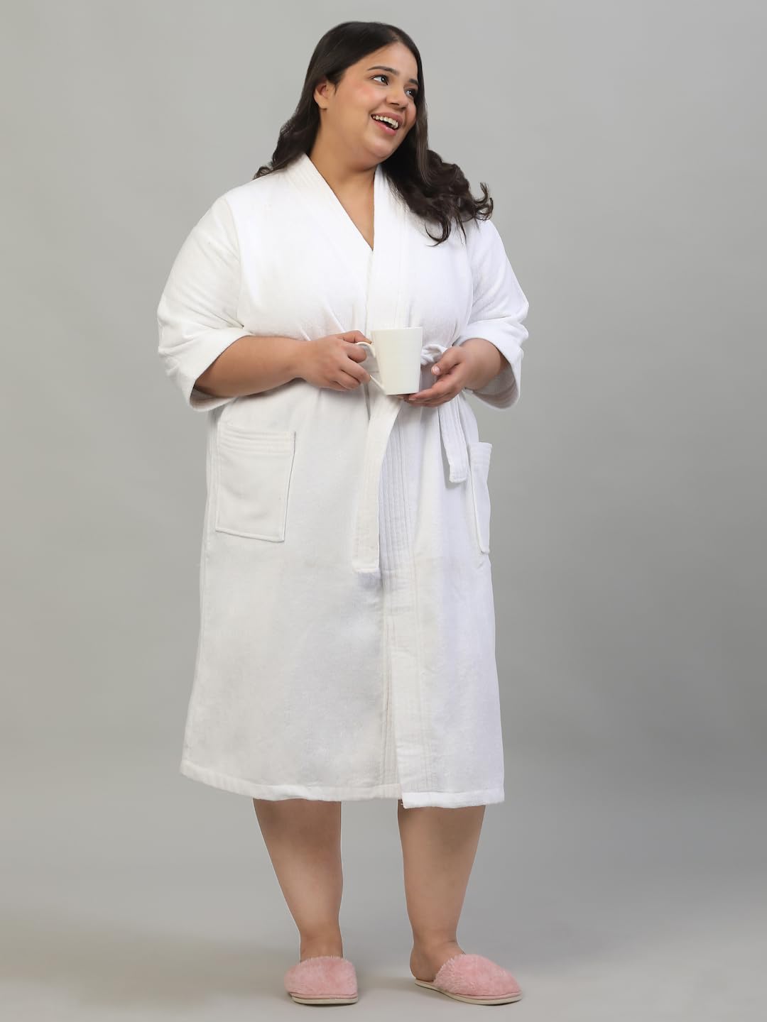 CREEVA Plus Size Luxury Pure Cotton Bathrobe for Men & Women | Comfortable & Soft Velour Feel | Kimono Collar | White