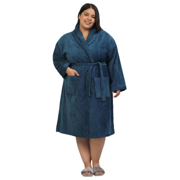 CREEVA Plus Size Luxury Pure Cotton Bathrobe for Men & Women | Comfortable & Soft Velour Feel | Shawl Collar | Teal Blue
