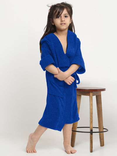 Creeva Melodious Kids Hooded Bathrobe Unisex with Front Pocket & Adjustable Belt (Turkish Blue)