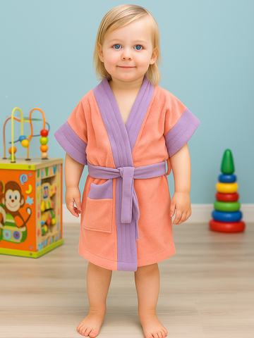 Melodious Baby Bathrobe with Front Pocket – Soft, Cozy & Cute Peachy Pink & Lavender Robe for Infants