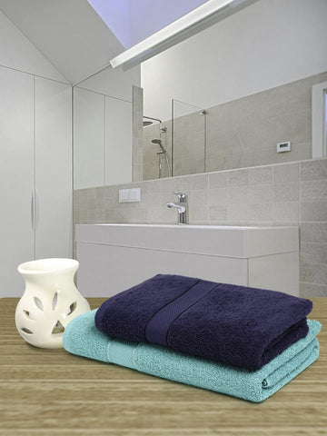 CREEVA 100% Terry Cotton Set of 2 Couple Bath Towel | 1 Large 75X150 Cm and 1 Medium 120X60 Cm | Ultra Soft, Highly Absorbent and Quick Dry Towels for Men & Women Daily Use Bath Set of 2 - Sea Green & Navy