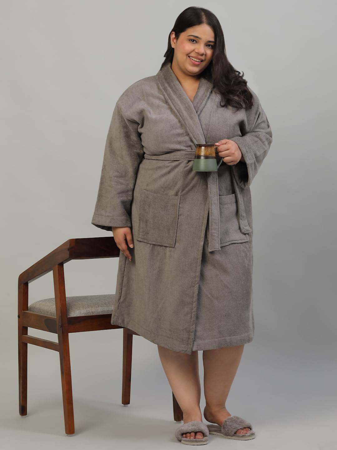 CREEVA Plus Size Luxury Pure Cotton Bathrobe for Men & Women | Comfortable & Soft Velour Feel | Shawl Collar | Charcoal