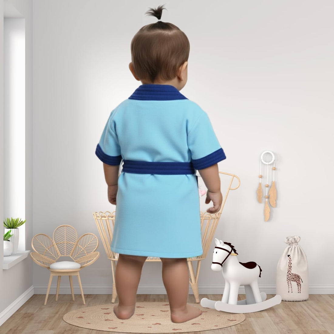 CREEVA Melodious Baby Bathrobe with Front Pocket – Soft, Cozy & Cute Sky Blue & Turkish Robe for Infants