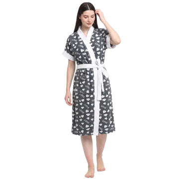 CREEVA Everyday Bathrobe for Women Micro Terry Bathrobe (Grey Printed) Free Size