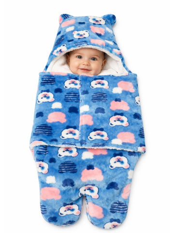 CREEVA Cuddle Newborn Baby Hooded Swaddle Wearable Blanket | Fleece Outer, 100% Cotton Inner | for Baby Boy & Girl | Blue | 0-9 Months