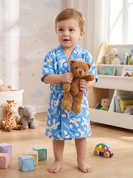Melodious Kids Blue Bunny Printed Baby Bathrobe with Front Pocket – Soft, Cozy & Cute Robe