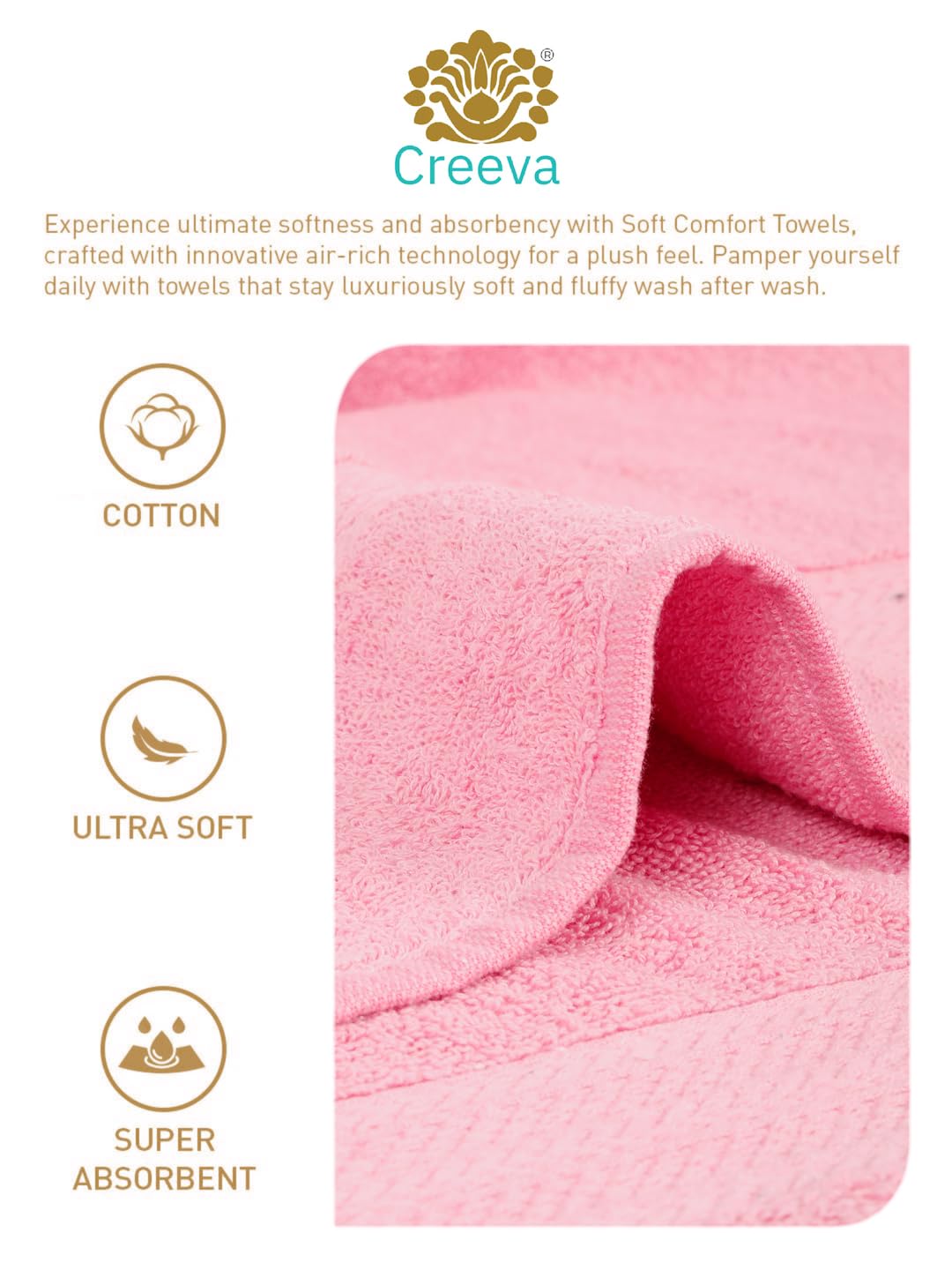 CREEVA Classic Cotton Bath Towel Set of 2, 545 GSM, 70x145 cm - Baby Pink Delight