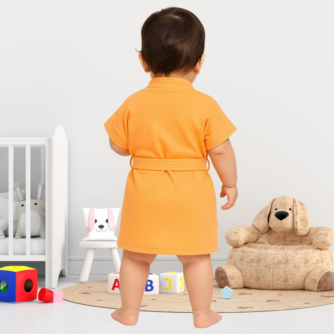 CREEVA Melodious Baby Bathrobe with Front Pocket – Soft, Cozy & Cute Orange Robe for Infants