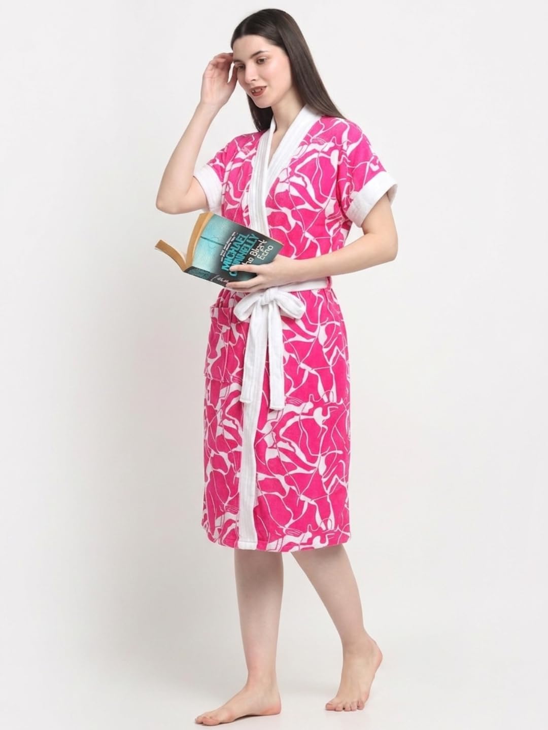 CREEVA Everyday Bathrobe for Women Micro Terry Bathrobe (Pink Printed) Free Size
